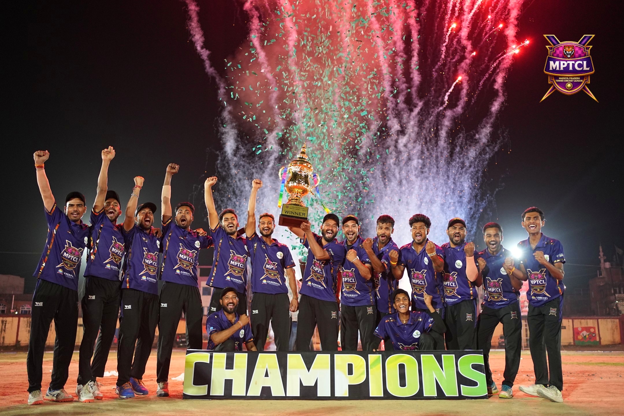 Champion team celebrating with fireworks at MPTCL 2025